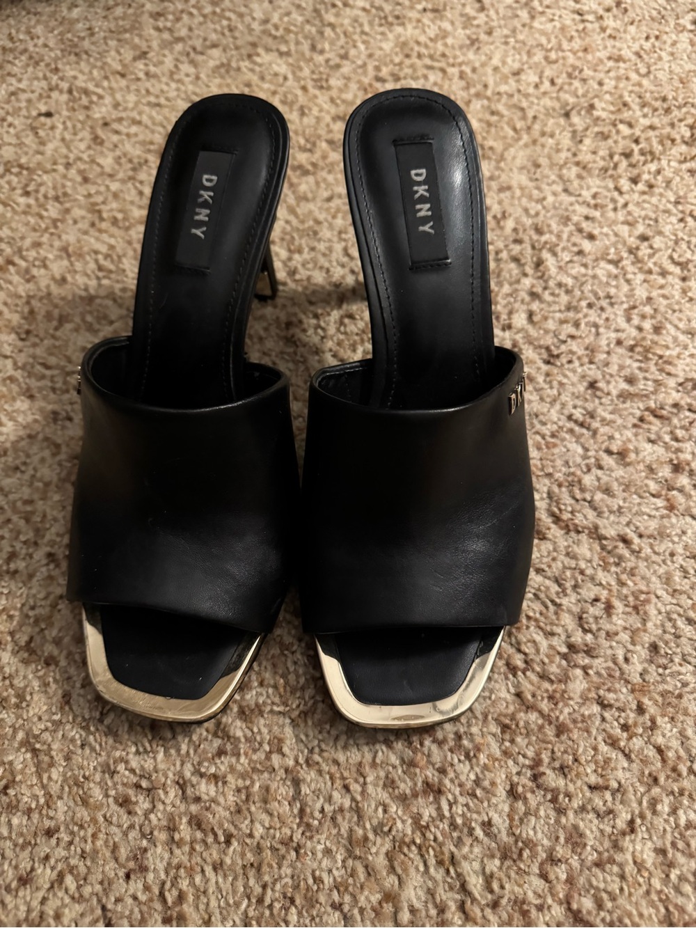 DKNY Black Leather Mules open toe with Gold Toe Accent